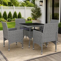 5 Piece Outdoor Dining Set Grey Poly Rattan Glass Top Garden Furniture