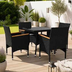 5 Piece Outdoor Dining Set Black PE Rattan Steel Frame Glass Top Garden