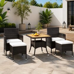 5 Piece Outdoor Dining Set PE Rattan Steel Frame Acacia Wood Table Chairs Black
