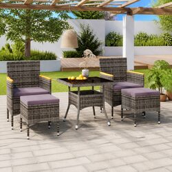 5 Piece Garden Dining Set Poly Rattan Tempered Glass Table Chairs Grey Outdoor