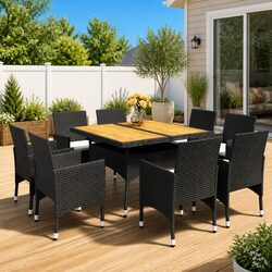 9 Piece Outdoor Dining Set Poly Rattan Acacia Wood Garden Furniture Black