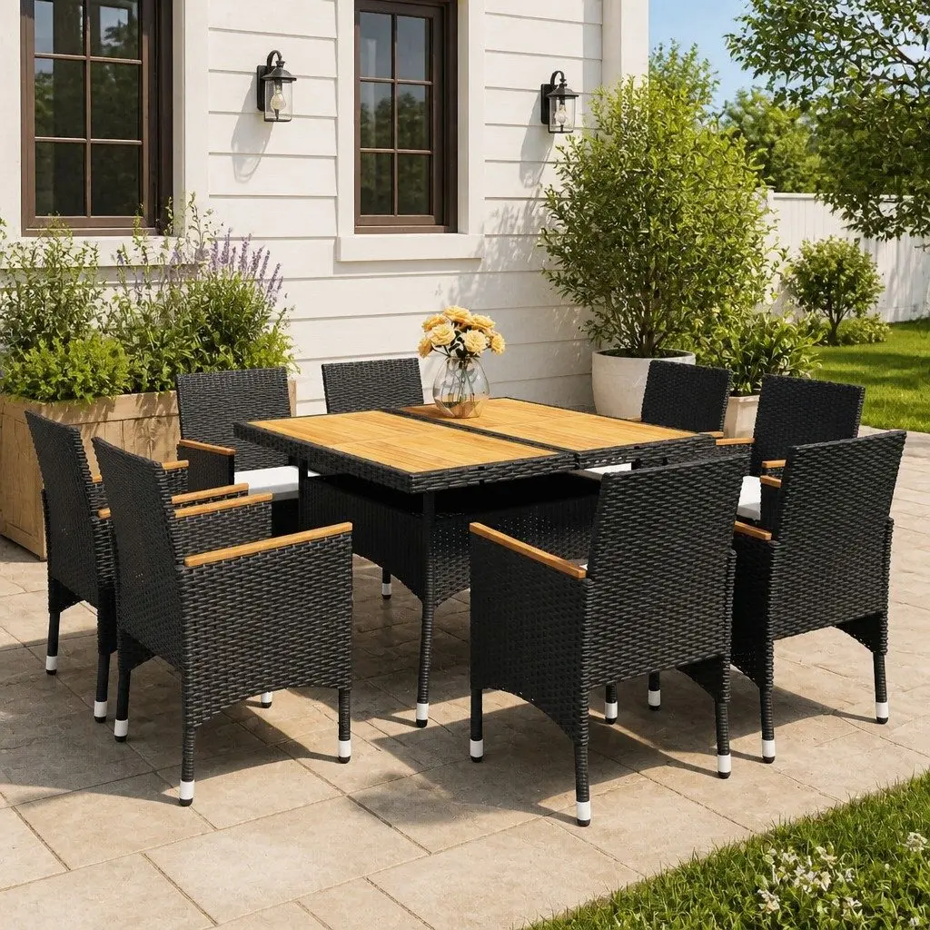 9 Piece Outdoor Dining Set PE Rattan Acacia Wood Black