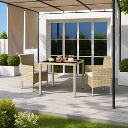 Garden Dining Set 3 Piece Outdoor Furniture Poly Rattan Tempered Glass Beige