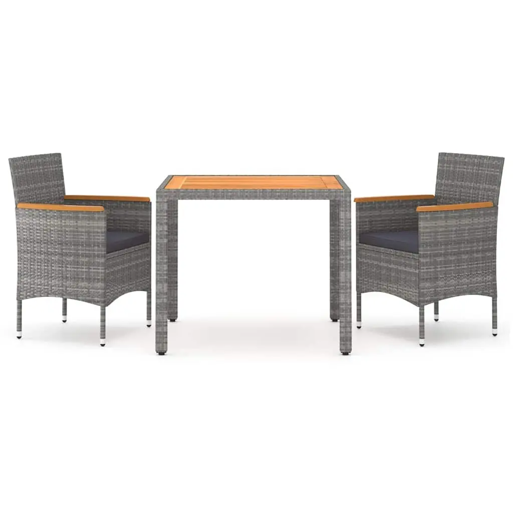 Garden Dining Set 3 Piece Outdoor Furniture Grey Rattan Wood Table Chairs