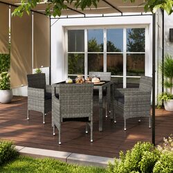 Garden Dining Set 5 Piece Outdoor Rattan Chairs Table Tempered Glass Grey