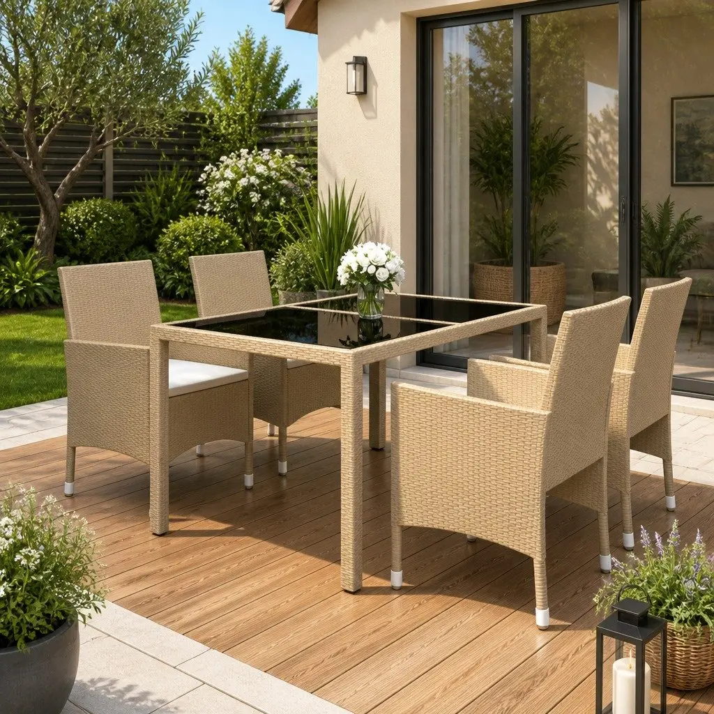 5 Piece Garden Dining Set Outdoor Patio Furniture PE Rattan Tempered Glass Beige