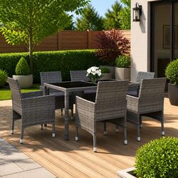 7 Piece Garden Dining Set Outdoor Patio Furniture Grey Rattan Tempered Glass