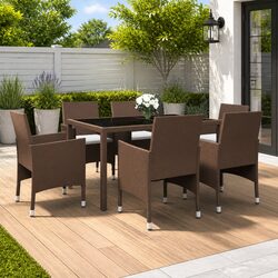7 Piece Garden Dining Set PE Rattan Tempered Glass Table Patio Outdoor Furniture