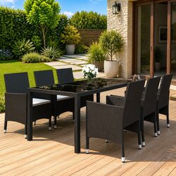 7 Piece Garden Dining Set Poly Rattan Tempered Glass Table Chairs Patio Black
