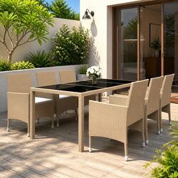 7 Piece Outdoor Garden Dining Set Poly Rattan Tempered Glass Table Chairs Beige