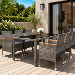 7 Piece Garden Dining Set Outdoor Patio Furniture PE Rattan Tempered Glass Grey
