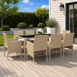 9 Piece Outdoor Garden Dining Set Rattan Table Chairs Patio Furniture Beige