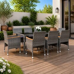 9 Piece Garden Dining Set Grey Poly Rattan Patio Furniture with Tempered Glass