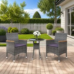 Garden Dining Set 3 Piece Outdoor Patio Furniture Table Chairs Grey Rattan