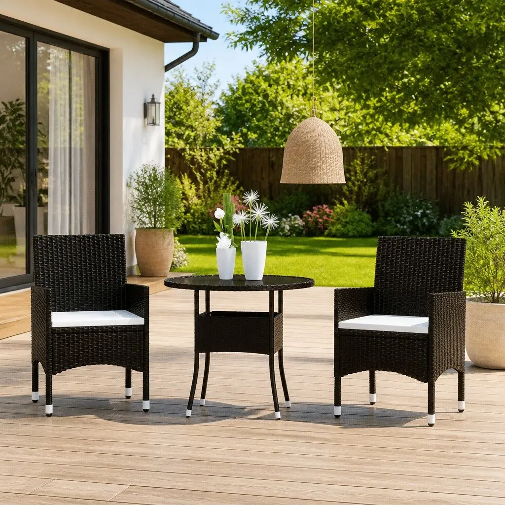 3 Piece Outdoor Dining Set Poly Rattan Black Patio Garden Table Chairs