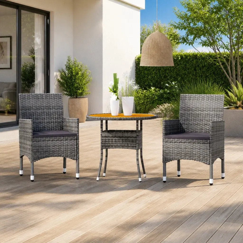 Garden Dining Set 3 Piece Poly Rattan Steel Frame Acacia Wood Grey