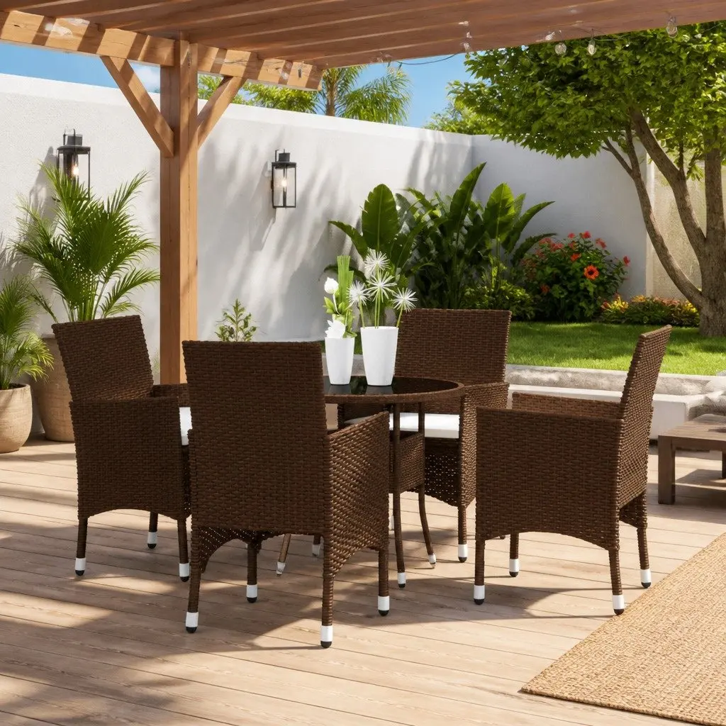 Garden Dining Set 5 Piece Outdoor Furniture Patio Table Chairs Brown Rattan