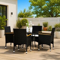 5 Piece Outdoor Dining Set Black Poly Rattan Garden Patio Table Chairs Furniture