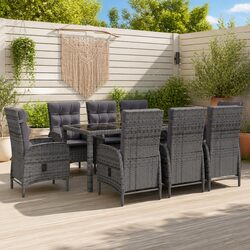 9 Piece Garden Dining Set Outdoor Patio Reclining Chairs Glass Table Grey