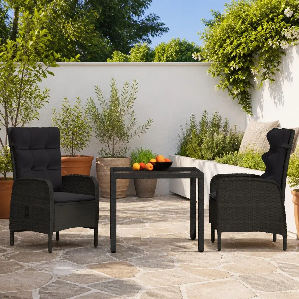 Garden Dining Set 3 Piece Outdoor Furniture Black Poly Rattan Table Chairs