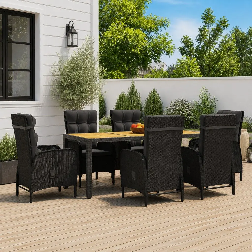 7 Piece Garden Dining Set Outdoor Furniture Rattan Chairs Table Black Patio