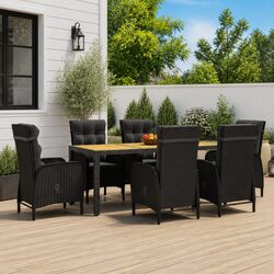 7 Piece Garden Dining Set Outdoor Furniture Rattan Chairs Table Black Patio