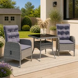 Garden Dining Set 3 Piece Outdoor Patio Furniture Grey Poly Rattan Glass Table