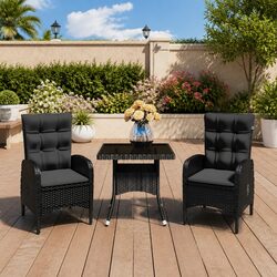 Outdoor Dining Set 3 Piece Garden Furniture Poly Rattan Glass Table Chairs Black