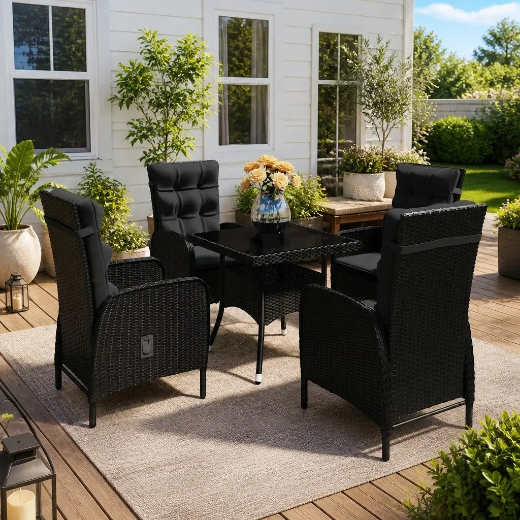 5 Piece Outdoor Dining Set Black Poly Rattan Glass Table Patio Furniture