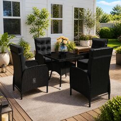 5 Piece Outdoor Dining Set Black Poly Rattan Glass Table Patio Furniture