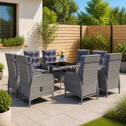 9 Piece Outdoor Dining Set Garden Patio Furniture Grey PE Rattan Glass Table