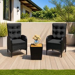 Garden Bistro Set 3 Piece Outdoor Furniture Poly Rattan Acacia Wood Patio Black