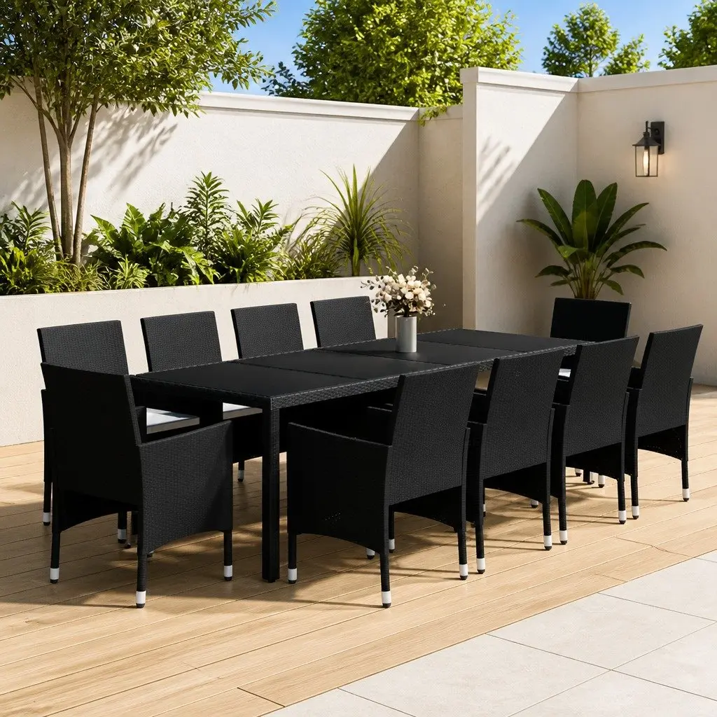 11 Piece Garden Dining Set Outdoor Patio Furniture Steel PE Rattan Black