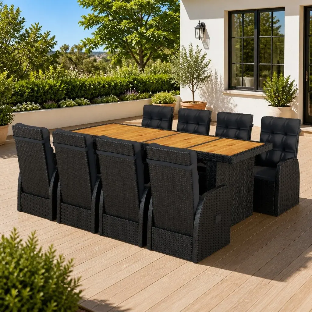 Outdoor Dining Set 9 Piece Poly Rattan Garden Furniture Black with Cushions