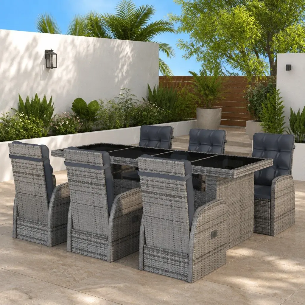 Outdoor Dining Set 7 Piece Grey Poly Rattan Garden Furniture with Cushions