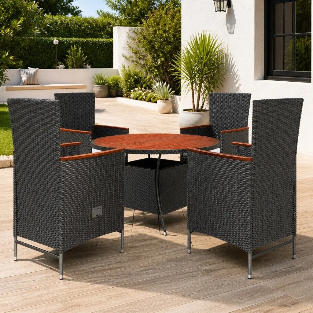 Outdoor Dining Set 5 Piece Black Poly Rattan Garden Furniture with Cushions