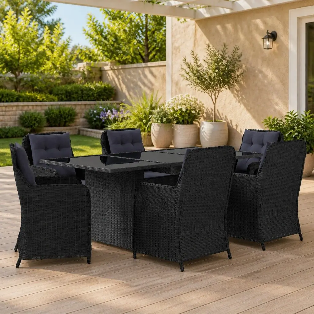 7 Piece Outdoor Garden Dining Set Black Poly Rattan Patio Furniture Glass Table