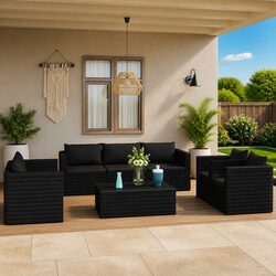 Garden Lounge Set 9 Piece Outdoor Furniture Modular Sofa Black Rattan Cushions
