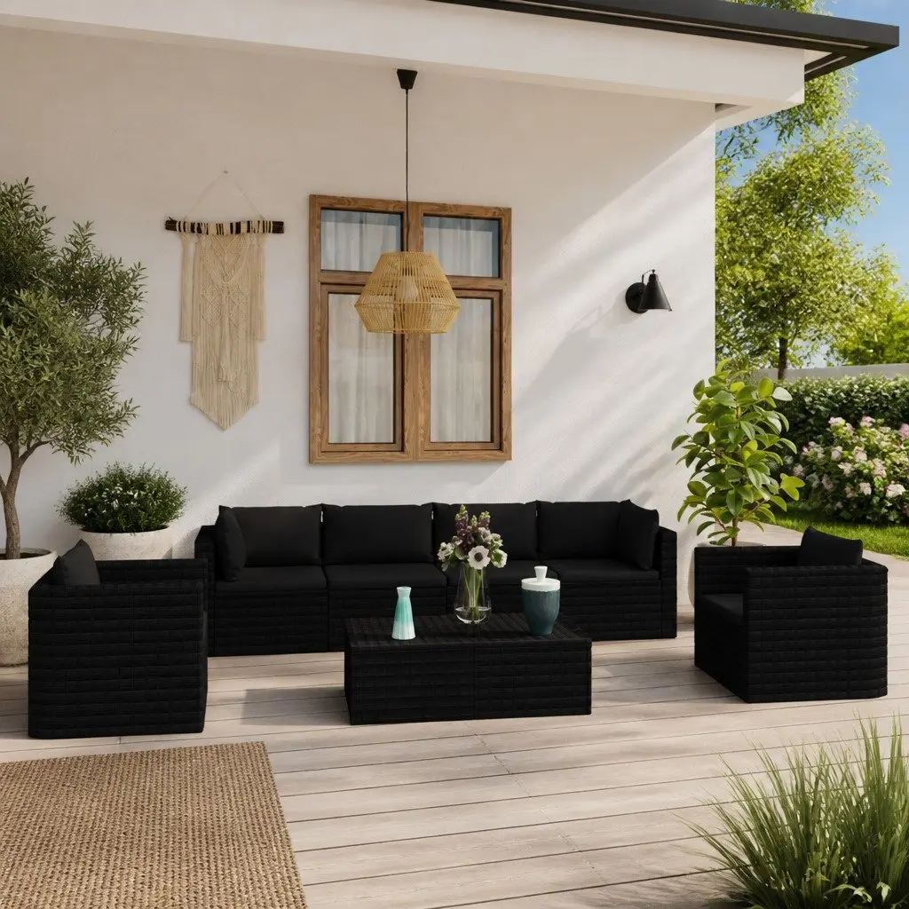 7 Piece Garden Lounge Set Modular Seating with Cushions Black PE Rattan