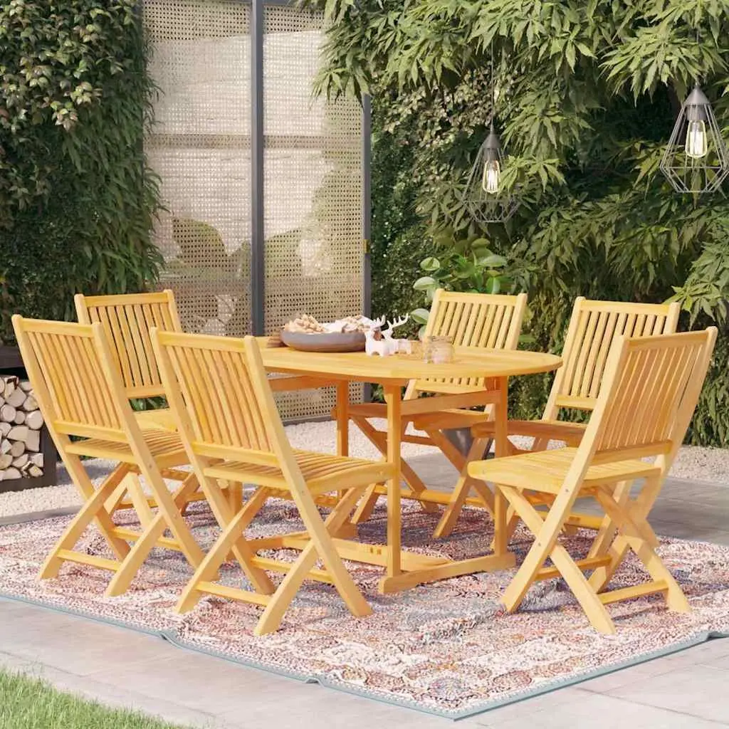 7 Piece Garden Dining Set Solid Teak Wood Table with Umbrella Hole and Foldable Chairs Brown Outdoor Furniture