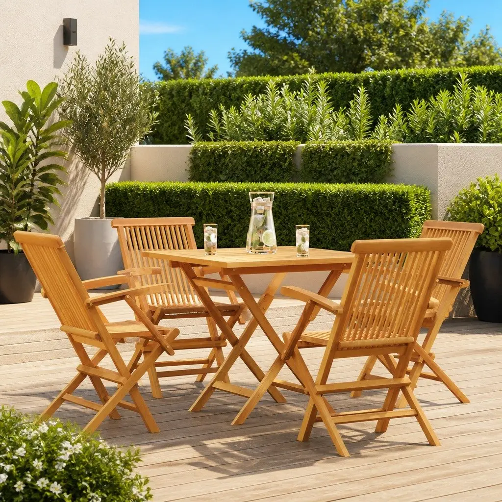5 Piece Garden Dining Set Foldable Table and Chairs Solid Teak Wood Brown
