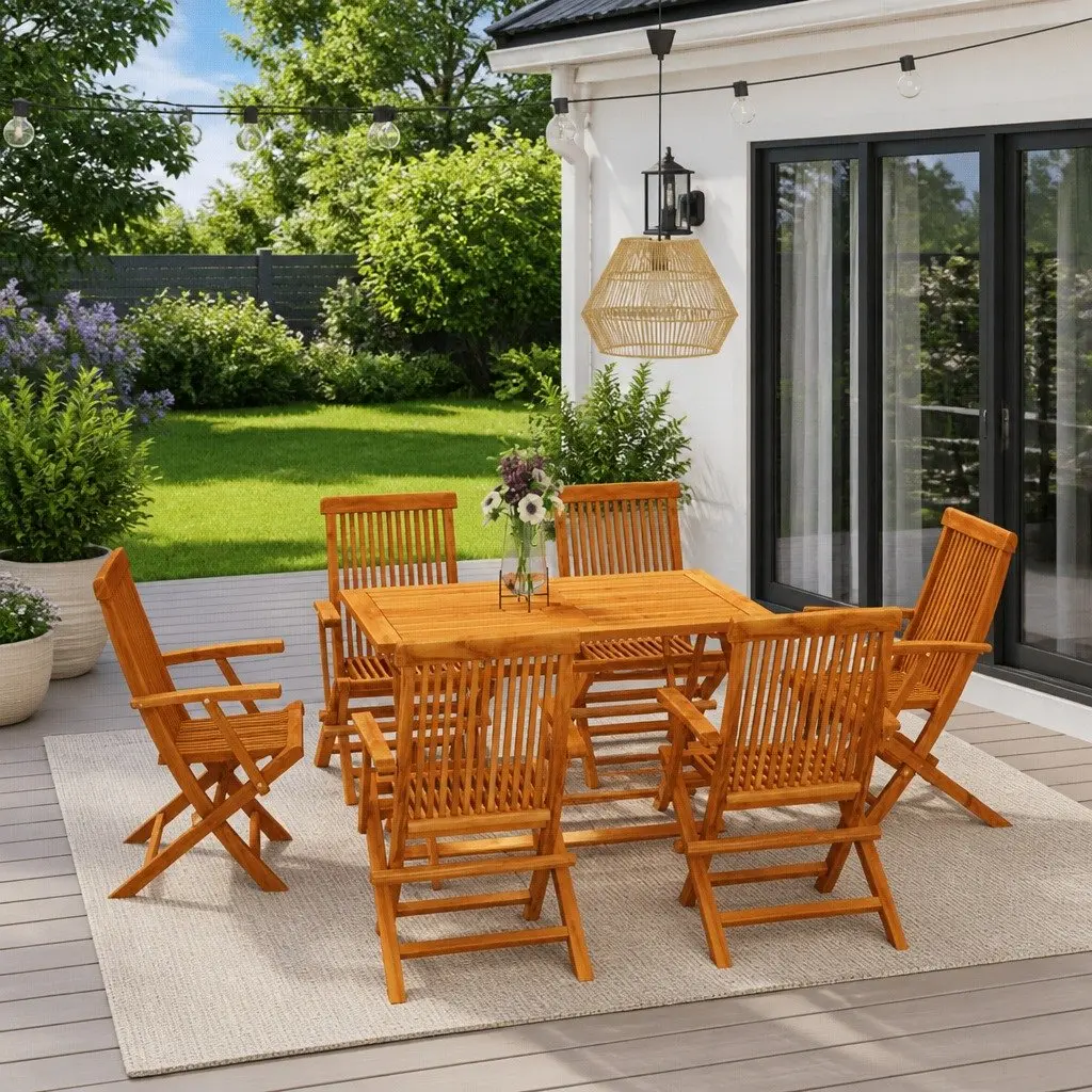 7 Piece Garden Dining Set Teak Wood Foldable Outdoor Table Chairs Brown