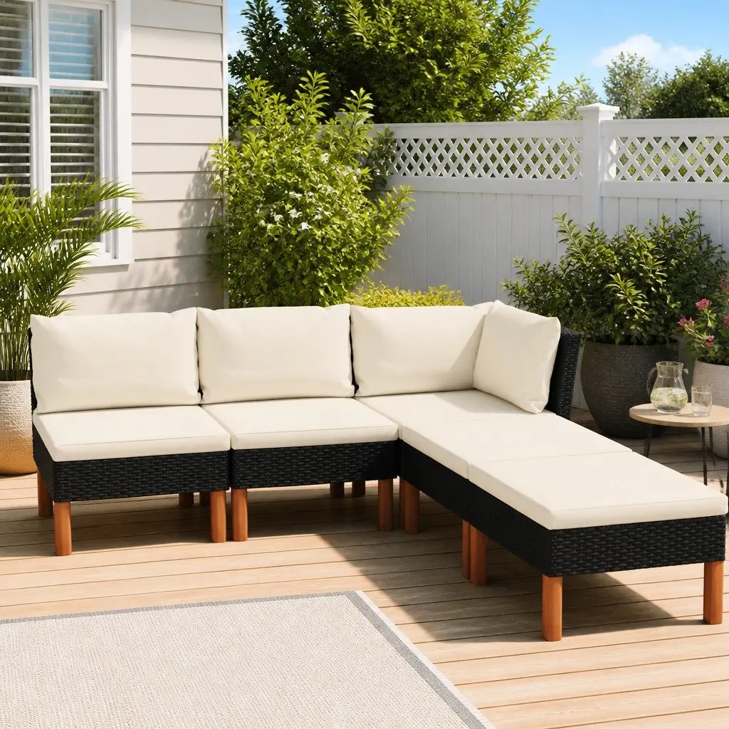 5 Piece Outdoor Garden Lounge Set PE Rattan Black with Cushions