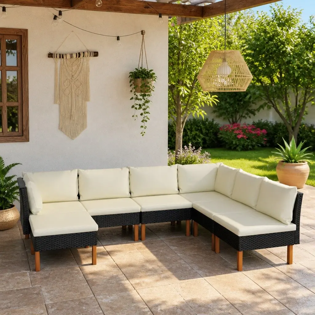 7 Piece Garden Lounge Set Outdoor Furniture Poly Rattan Sofa Cushions Black