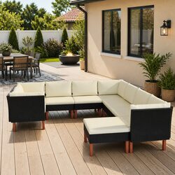 Garden Lounge Set 9 Piece Outdoor Furniture Poly Rattan Sofa with Cushions Black
