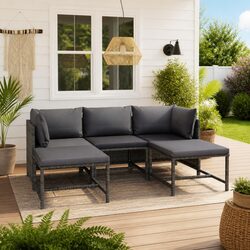 Garden Lounge Set 5 Piece Outdoor Furniture Poly Rattan Grey Cushions Modular