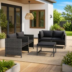 Garden Lounge Set 5 Piece Poly Rattan Outdoor Furniture Grey Cushions