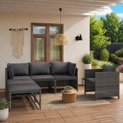 Garden Lounge Set 6 Piece Outdoor Furniture Poly Rattan Cushions Grey