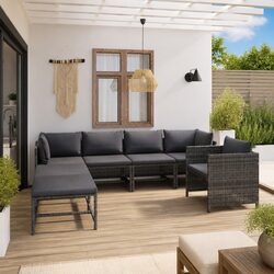 Outdoor Garden Lounge Set 7 Piece Poly Rattan Furniture with Cushions Grey