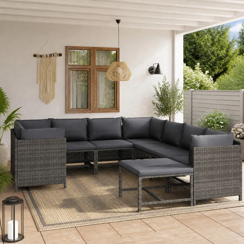 Garden Lounge Set 9 Piece Modular Sectional Poly Rattan Grey